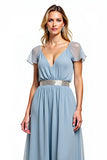 Dusty Blue A Line V Neck Chiffon Long Wedding Guest Dress