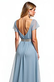 Dusty Blue A Line V Neck Chiffon Long Wedding Guest Dress