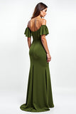 Olive Off the Shoulder Chiffon Sheath Wedding Guest Dress