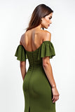 Olive Off the Shoulder Chiffon Sheath Wedding Guest Dress