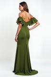 Olive Off the Shoulder Ruffled Ruched Long Wedding Guest Dress