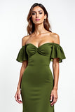 Olive Off the Shoulder Ruffled Ruched Long Wedding Guest Dress