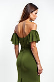 Olive Off the Shoulder Ruffled Ruched Long Wedding Guest Dress