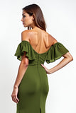 Olive Off the Shoulder Ruffled Ruched Long Wedding Guest Dress