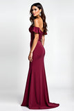Burgundy Mermaid Off The Shoulder Long Wedding Guest Dress