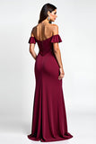 Burgundy Mermaid Off The Shoulder Long Wedding Guest Dress