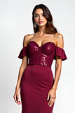 Burgundy Mermaid Off The Shoulder Long Wedding Guest Dress