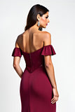 Burgundy Mermaid Off The Shoulder Long Wedding Guest Dress