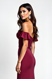 Burgundy Mermaid Off The Shoulder Long Wedding Guest Dress