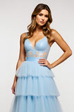 Ruffled Tiered A Line Sky Blue Prom Dress With Beading