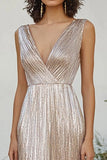 Champagne Metallic Pleated V Neck Sheath Long Formal Dress
