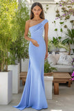 Sky Blue Matte Satin One Shoulder Mermaid Long Formal Dress
