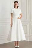 Ivory Jacquard Round Neck A Line Midi Formal Dress with Short Sleeves