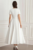 Ivory Jacquard Round Neck A Line Midi Formal Dress with Short Sleeves