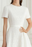 Ivory Jacquard Round Neck A Line Midi Formal Dress with Short Sleeves