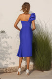 Royal Blue One Shoulder Satin Sheath Midi Formal Dress