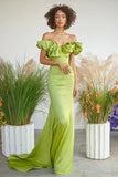 Lemon Green Off the Shoulder Satin Mermaid Long Formal Dress