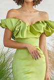 Lemon Green Off the Shoulder Satin Mermaid Long Formal Dress