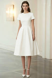 Jacquard Ivory Round Neck A Line Midi Formal Dress with Short Sleeves