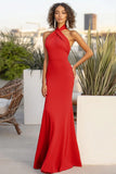 Red Halter Matte Satin Sheath Long Formal Dress