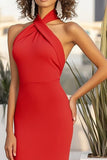 Red Halter Matte Satin Sheath Long Formal Dress
