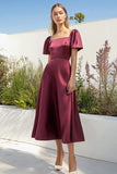 Burgundy Satin Square Neck A Line Midi Formal Dress with Short Sleeves