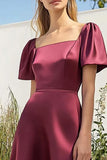 Burgundy Satin Square Neck A Line Midi Formal Dress with Short Sleeves