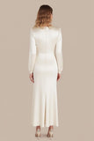 Ivory Satin Scoop Neck A Line Formal Dress with Long Sleeves