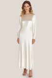 Ivory Satin Scoop Neck A Line Formal Dress with Long Sleeves