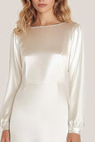 Ivory Satin Scoop Neck A Line Formal Dress with Long Sleeves