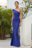 Blue One Shoulder Matte Satin Mermaid Long Formal Dress