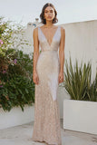 Champagne Metallic Deep V Neck Sheath Midi Formal Dress