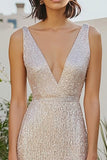 Champagne Metallic Deep V Neck Sheath Midi Formal Dress