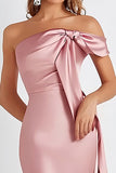 Pink Satin Sheath Pleated Strapless Long Formal Dress