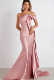 Pink Satin Sheath Pleated Strapless Long Formal Dress
