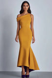 Crepe Yellow One Shoulder Sheath Midi Formal Dress