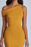 Crepe Yellow One Shoulder Sheath Midi Formal Dress