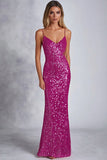 Sparkly Sequins Fuchsia Spaghetti Straps Sheath Long Formal Dress