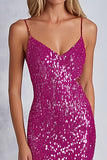 Sparkly Sequins Fuchsia Spaghetti Straps Sheath Long Formal Dress