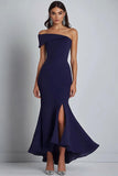 Navy Crepe One Shoulder Sheath Long Formal Dress with Slit