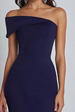 Navy Crepe One Shoulder Sheath Long Formal Dress with Slit