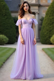 Lilac Lace Organza A Line Off the Shoulder Long Formal Dress