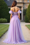 Lilac Lace Organza A Line Off the Shoulder Long Formal Dress