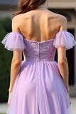 Lilac Lace Organza A Line Off the Shoulder Long Formal Dress