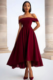 Burgundy A Line Off the Shoulder Midi Crepe Formal Dress