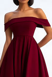 Burgundy A Line Off the Shoulder Midi Crepe Formal Dress