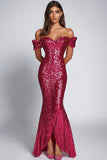Mermaid Fuchsia Sequins Off the Shoulder Long Formal Dress