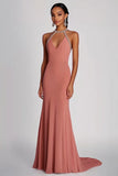 Sheath Pink Halter Beaded Long Chiffon Formal Dress