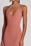 Sheath Pink Halter Beaded Long Chiffon Formal Dress