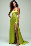 Lemon Green Hollow Out A Line Strapless Long Formal Dress with Slit